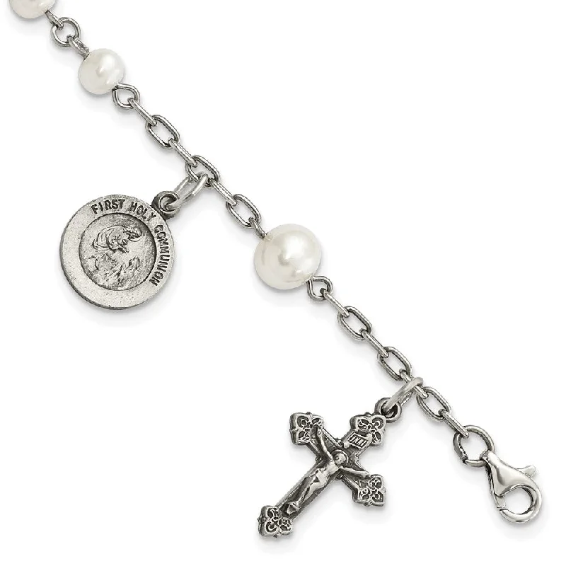 Women’s gold charm bracelets-Sterling Silver FW Cultured Pearl Rosary Bracelet-WBC-QH981-7