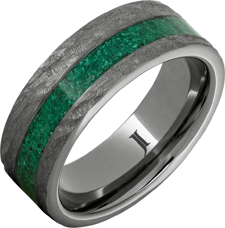 Women’s colorful birthstone rings-Rugged Tungsten™ Ring with Malachite Inlay and Bark Finish