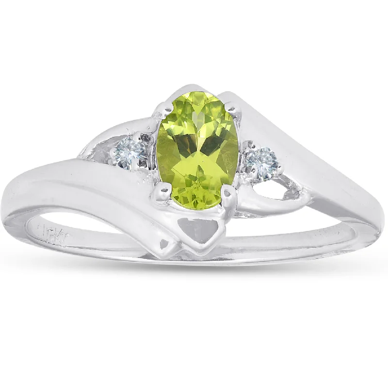 Women’s custom-cut engagement rings-5/8ct Oval Peridot & Diamond Ring 14K White Gold