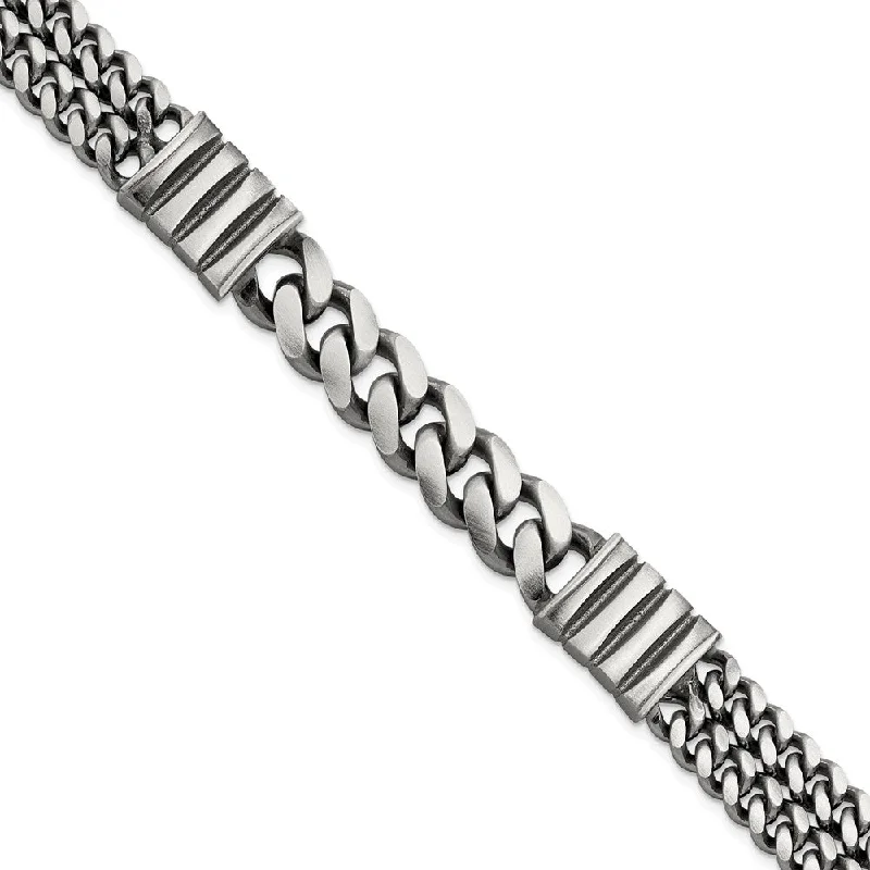 Women’s bohemian bracelets-Sterling Silver Mens Black Rhodium-pltd Brush Double Curb Bracelet-WBC-QG5743-8.5