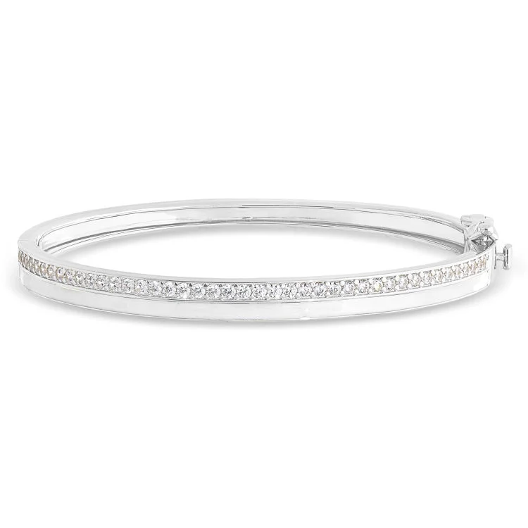 Women’s wrap bracelets-Platinum Finish Sterling Silver Micropave Hinged Bangle Bracelet with with White Enamel and Simulated Diamonds