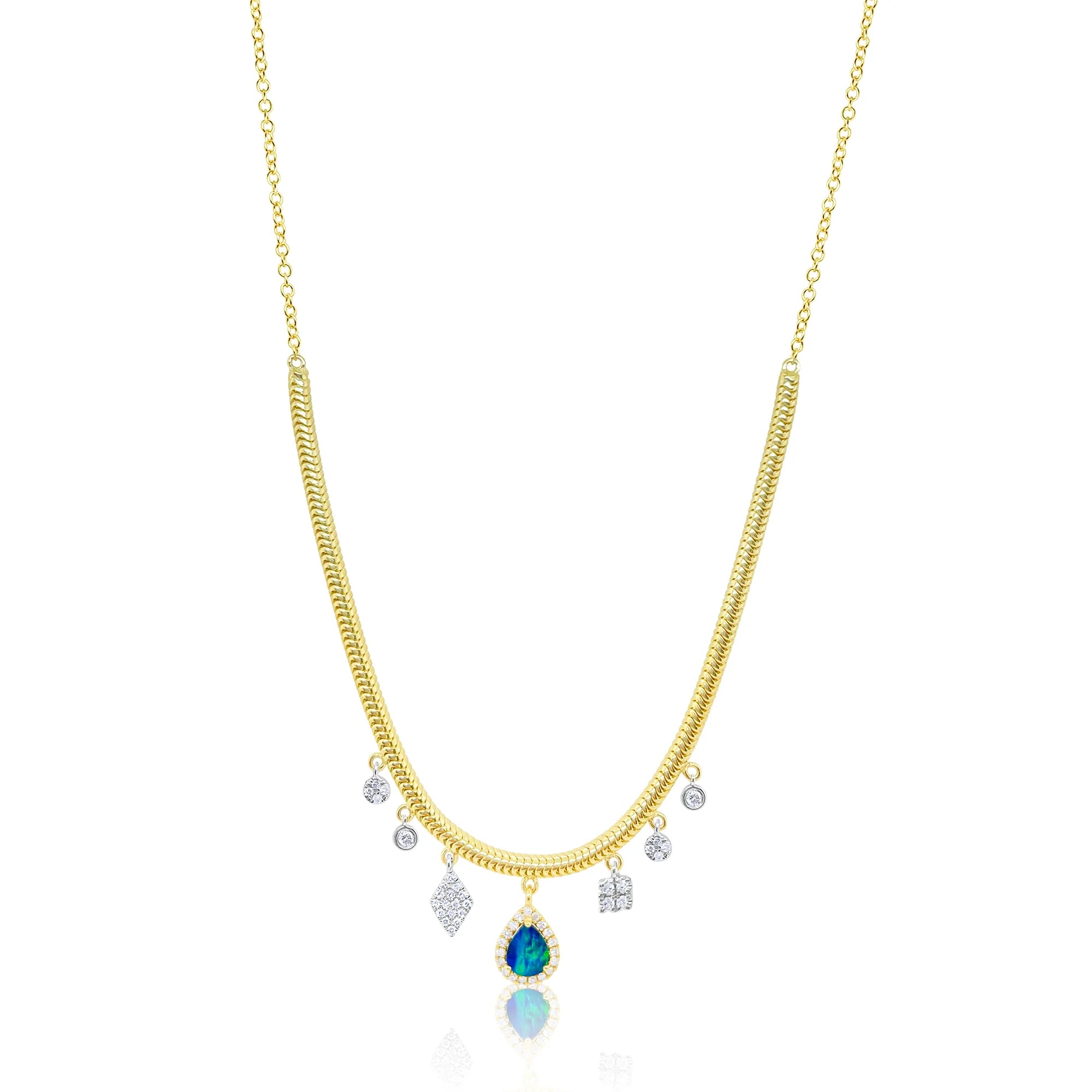 Women’s engraved gold necklaces-Meira T  Yellow Gold Chain with Opal and Diamond Off Centered Charms