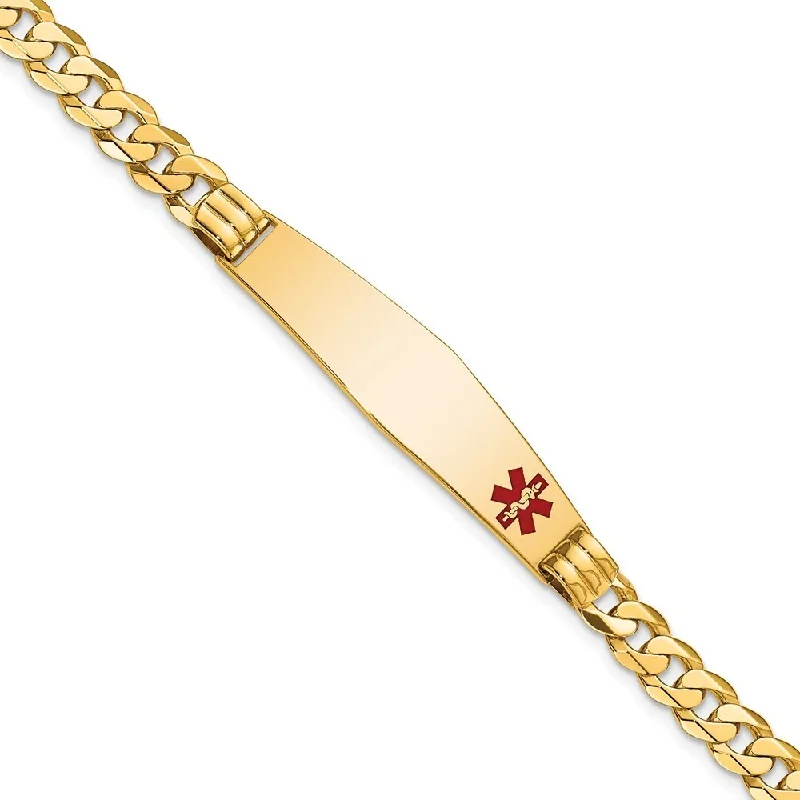 Women’s cuff bracelets-14k Yellow Gold 9.5mm Medical Soft Diamond Shape Red Enamel Curb Link ID Bracelet, 7"