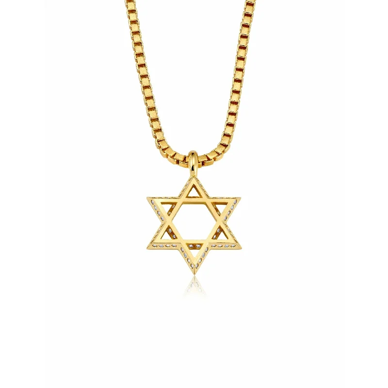 Women’s moon-shaped necklaces-CRISLU Mens Matte Box Chain Star of David Necklace with Baguette CZ In 18KT Yellow Gold