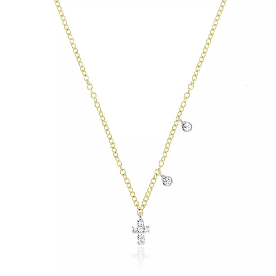 Women’s luxury necklaces-Meira T Dainty Cross with Off Centered Charms -14k Gold