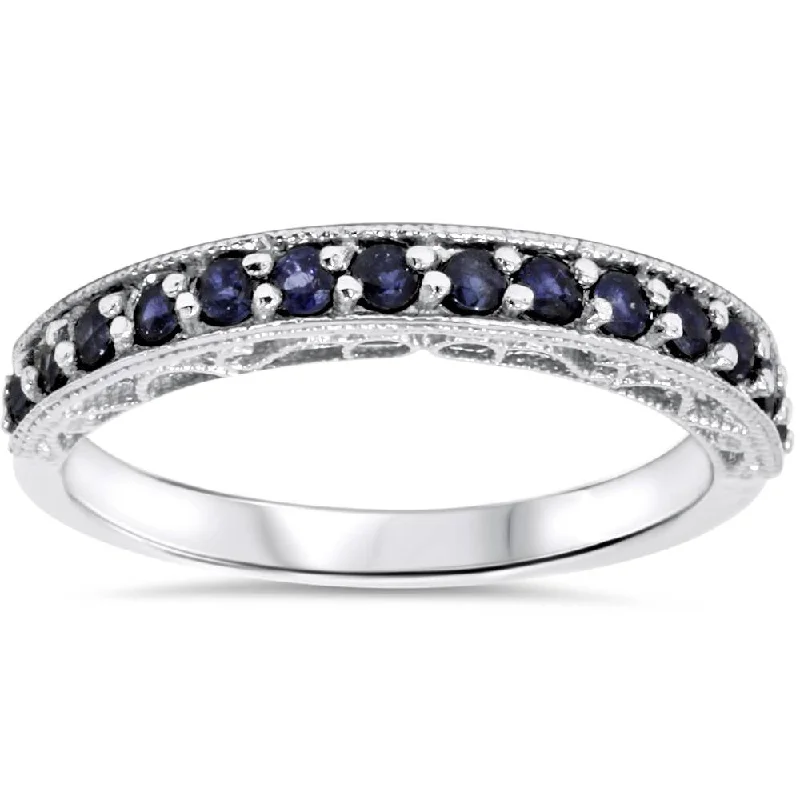 Women’s platinum solitaire engagement rings-3/8ct Blue Sapphire Vintage Wedding Ring 14K White Gold