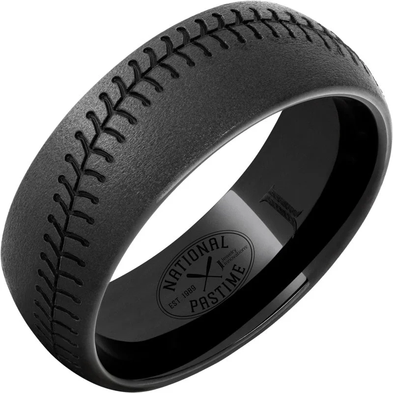 Women’s fashion rings-National Pastime Collection™ Black Diamond Ceramic™ Domed Baseball Stitch Ring with Stone Finish