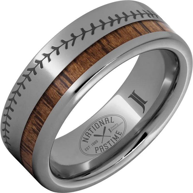 Women’s vintage wedding rings-National Pastime Collection™ Rugged Tungsten™ Ring with Hickory Vintage Baseball Bat Wood and Baseball Stitch Engraving