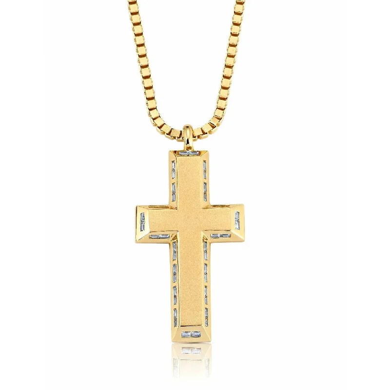 Women’s layered gold necklaces-CRISLU Mens Matte Box Chain Cross Necklace with Baguette CZ In 18KT Yellow Gold