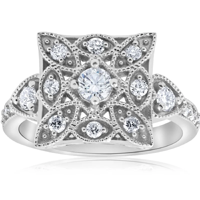 Women’s affordable solitaire engagement rings-1/2ct Vintage Diamond Ring Square Framed Filigree Band 10K White Gold