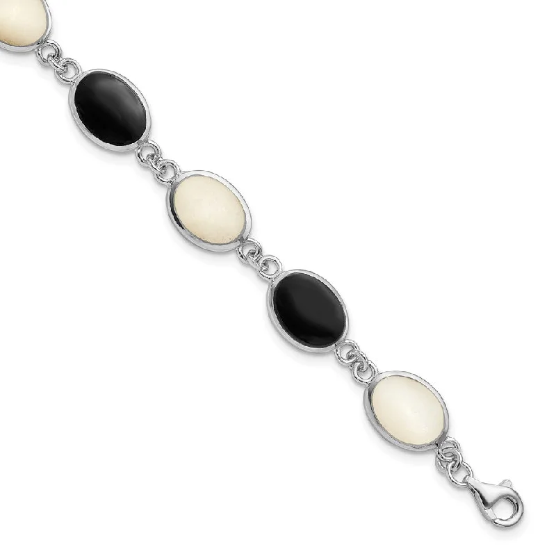 Women’s beaded bangle bracelets-Sterling Silver Onyx and Mother of Pearl Bracelet-WBC-QG2399-7