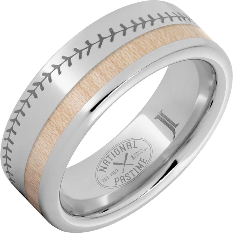 Women’s art deco rings-National Pastime Collection™ Serinium® Ring with Maple Vintage Baseball Bat Wood Inlay and Baseball Stitch Engraving