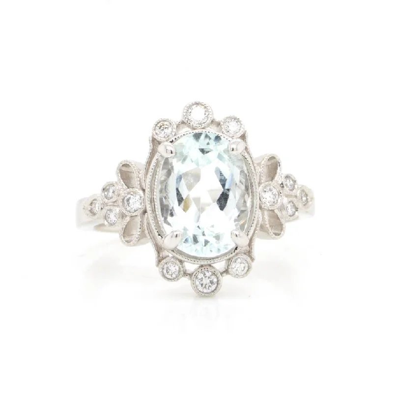 Women’s modern engagement rings-14K White Gold Antique Style Aquamarine & Diamond Ring