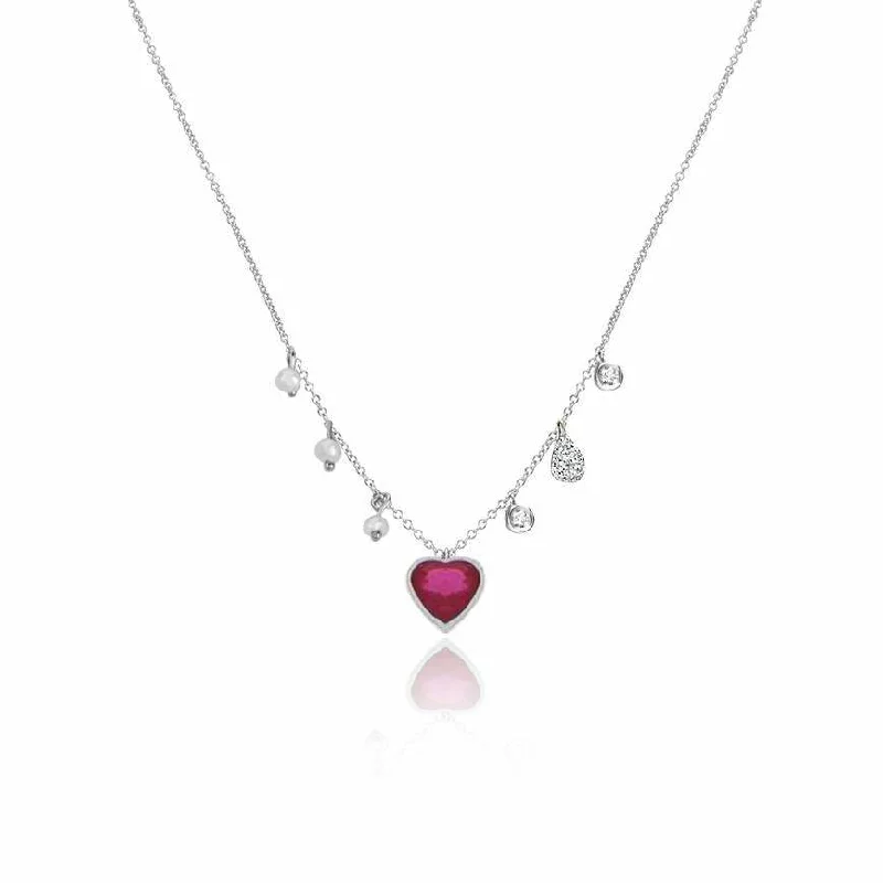 Women’s trendy necklaces-Meira T  Dainty Ruby Heart and Diamond Necklace