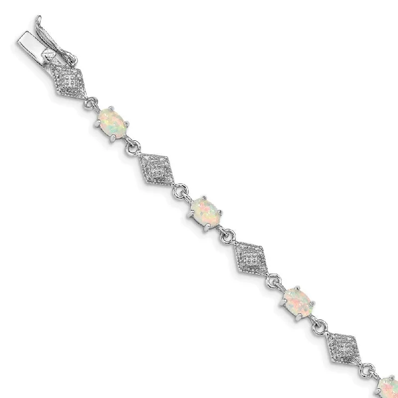 Women’s diamond gold bracelets-925 Sterling Silver Rhodium-plated White Created Opal and Cubic Zirconia Bracelet, 7"