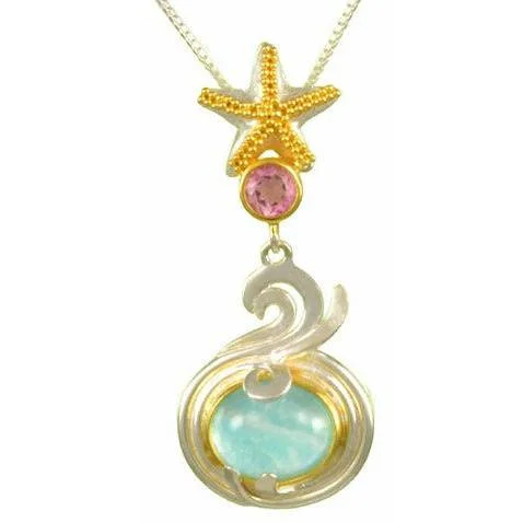 Women’s handmade gold necklaces-Michou Starfish Pariba Topaz / Pink   Topaz Oval Pendant Poseidon's Treasure