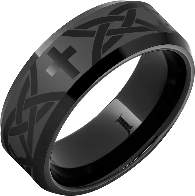 Women’s minimalist rings-Black Diamond Ceramic™ Christian Cross and Knot Beveled Ring