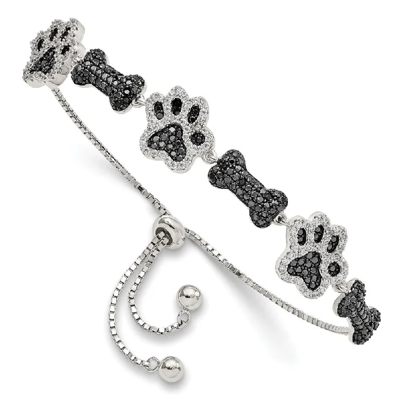 Women’s personalized bracelets-Sterling Silver Polished CZ Paw Print & Dog Bone Adj Bracelet-WBC-QG5955