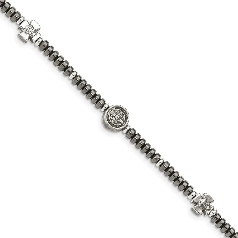 Women’s handcuff bracelets-Sterling Silver Antiqued Black Bead with Crosses Bracelet-WBC-QG4873-8