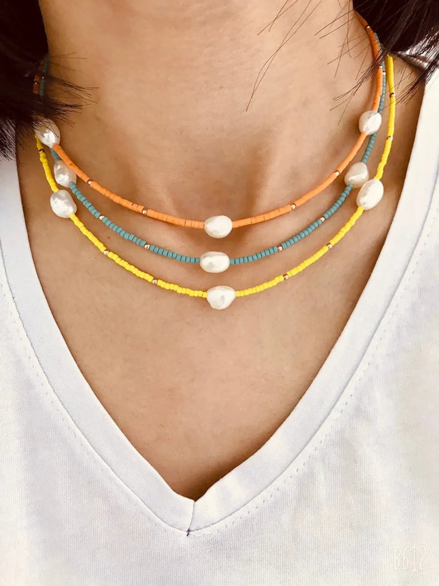 Women’s layered gold necklaces-1 Piece Ethnic Style Color Block Alloy Pearl Seed Bead Beaded Women's Necklace