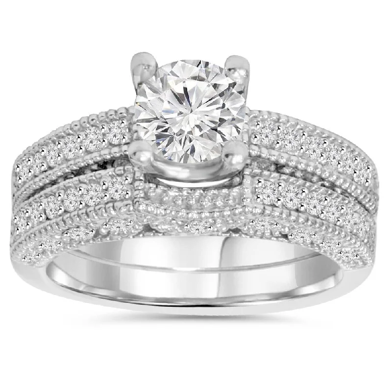 Women’s affordable solitaire engagement rings-1 1/2ct Antique Diamond Ring Set 14K White Gold