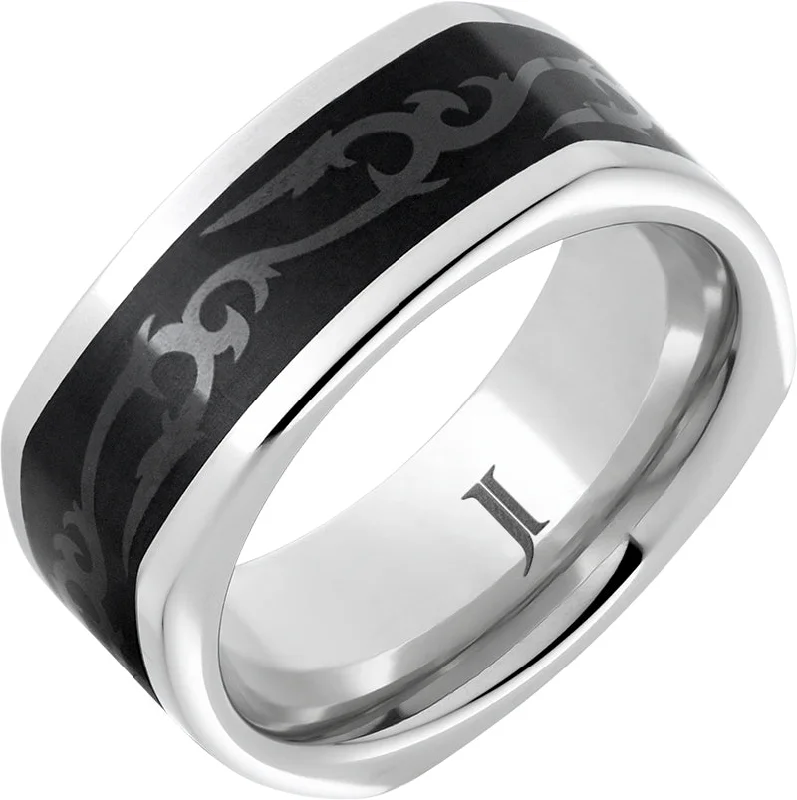 Women’s floral engagement rings-Celtic Cubist - Serinium® Ring with Ceramic Inlay and Celtic Thorn Engraving