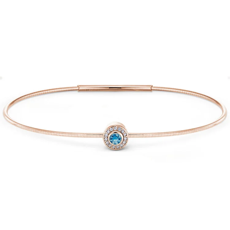 Women’s chunky cuff bracelets-Rose Gold Finish Finish Sterling Silver Round Simulated Blue Topaz Birth Gem Bracelet with Simulated Diamonds