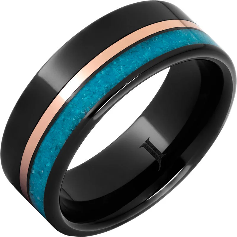 Women’s adjustable rings-Black Diamond Ceramic™ Ring With 14K Rose Gold and Turquoise Inlays