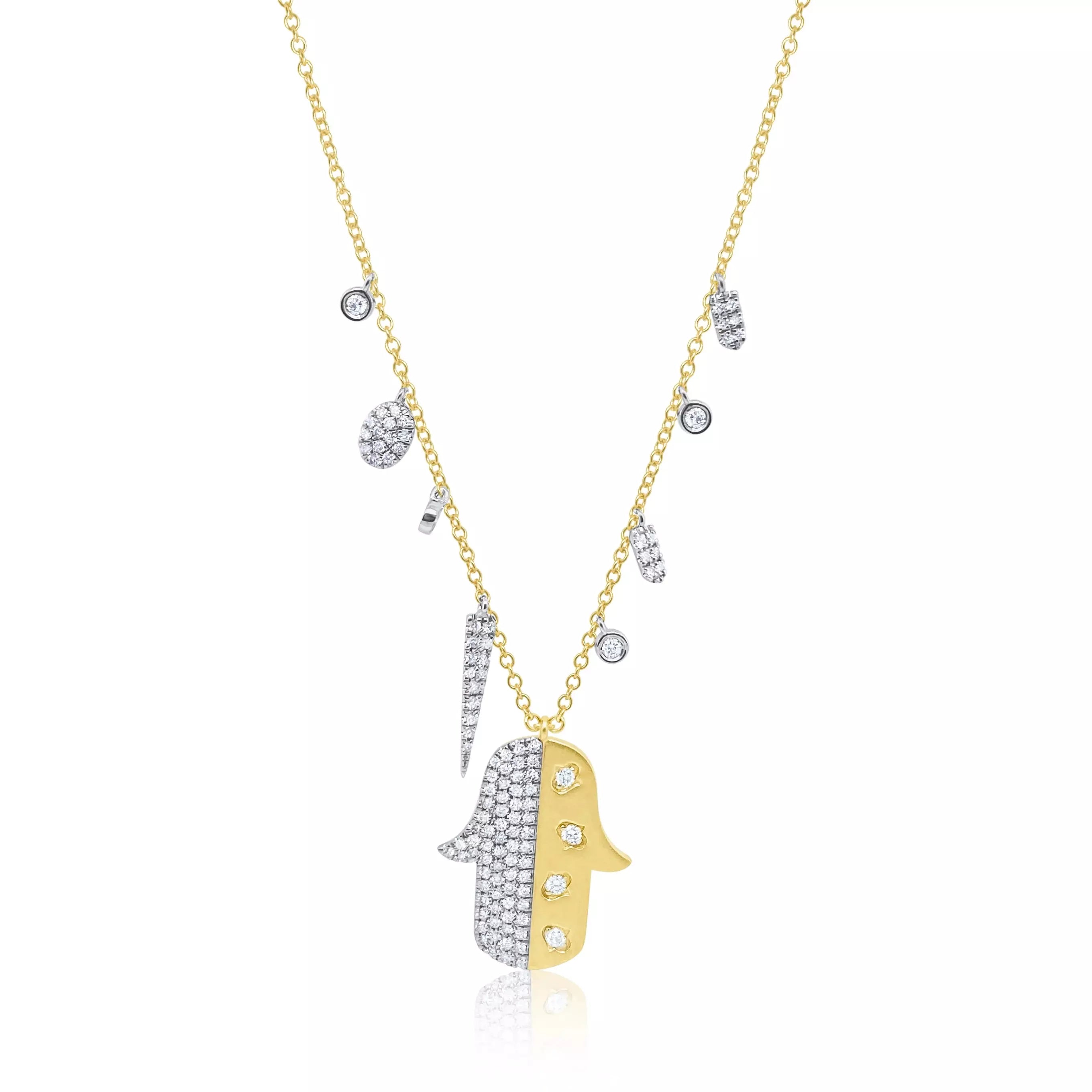 Women’s sterling silver necklaces-Meira T Yellow Gold and Diamond Hamsa with Diamond Charms