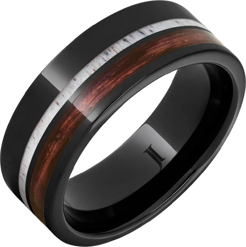 Women’s square rings-Barrel Aged™ Black Diamond Ceramic™ Ring with Cabernet Wood and Deer Antler Inlays