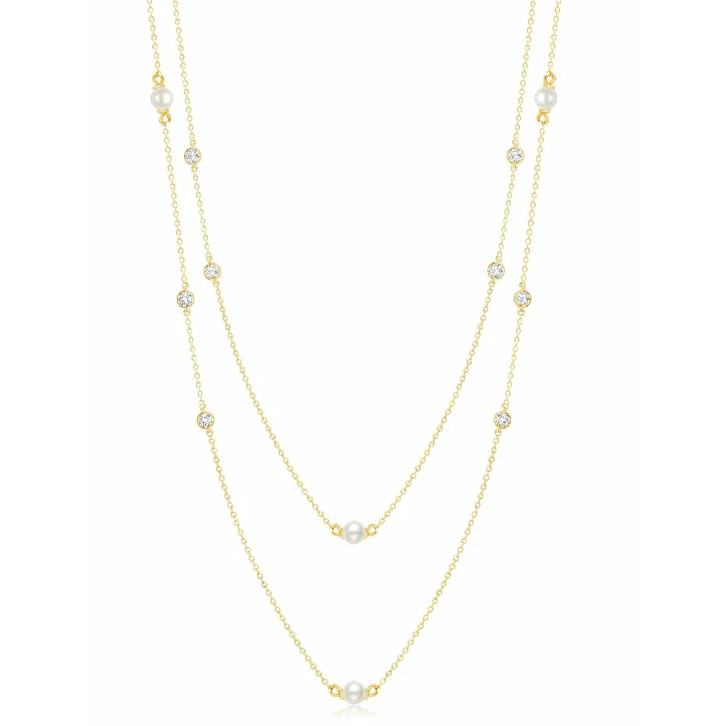 Women’s heart necklaces-CRISLU Genuine Pearl 36" Multi Station Necklace with Bezel Set  Cubic Zirconia In 18k Gold Finish