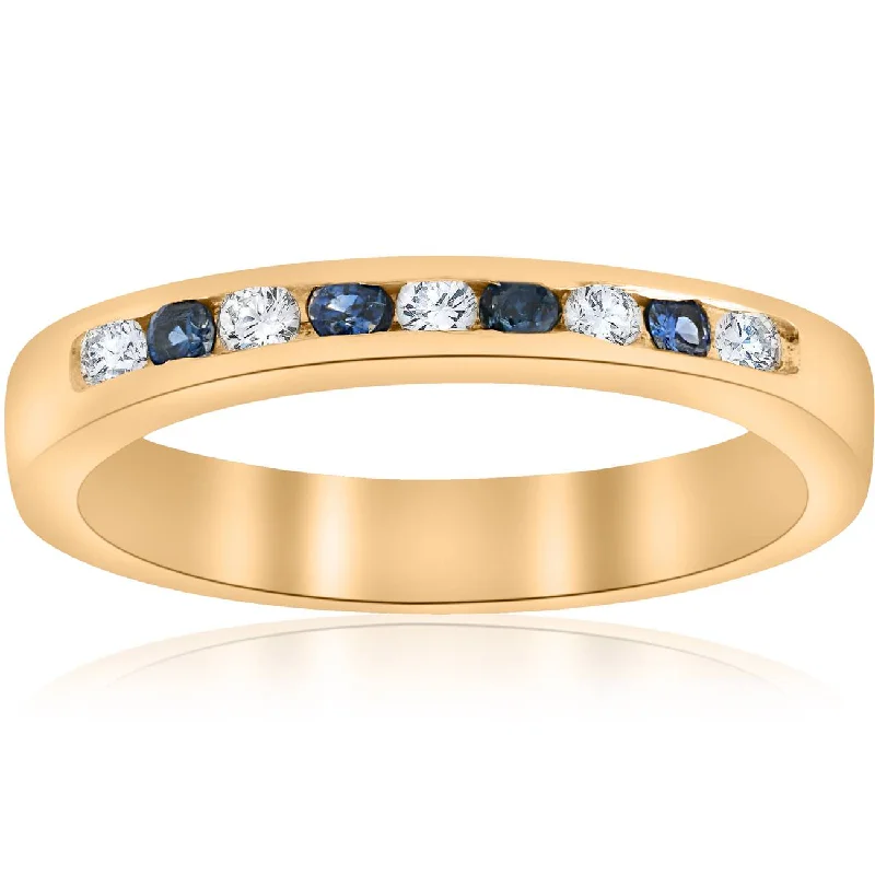 Women’s artistic engagement rings-1/3ct Diamond & Blue Sapphire Anniversary Wedding Ring 14k Yellow Gold