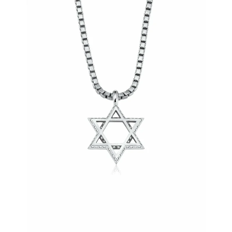 Women’s layered gold necklaces-CRISLU Mens Matte Box Chain  Star of David Necklace with Baguette CZ Finished in Pure Platinum