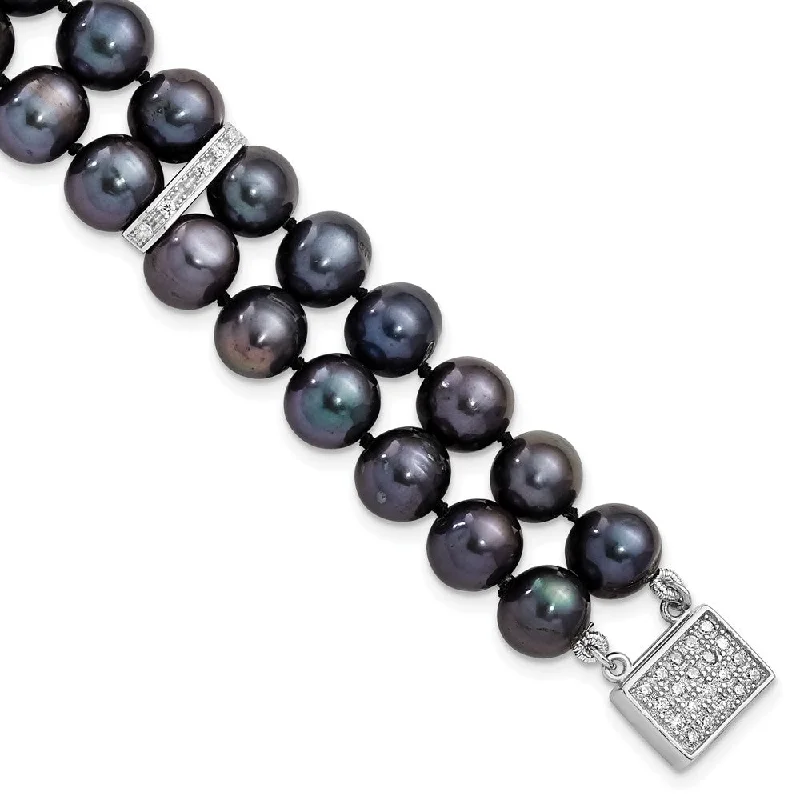 Women’s beaded bangle bracelets-Sterling Silver RH 7-8mm Black FWC Pearl CZ 2-strand Bracelet-WBC-QH5420-7.5