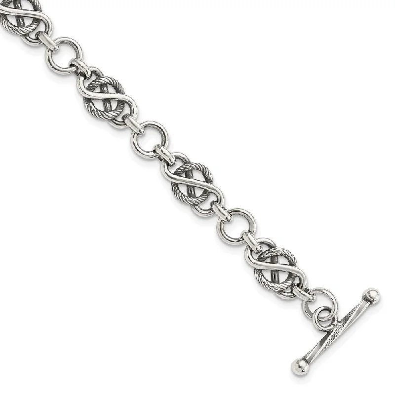 Women’s diamond bracelets-Sterling Silver Antiqued Fancy Link Bracelet-WBC-QG1607-7.5