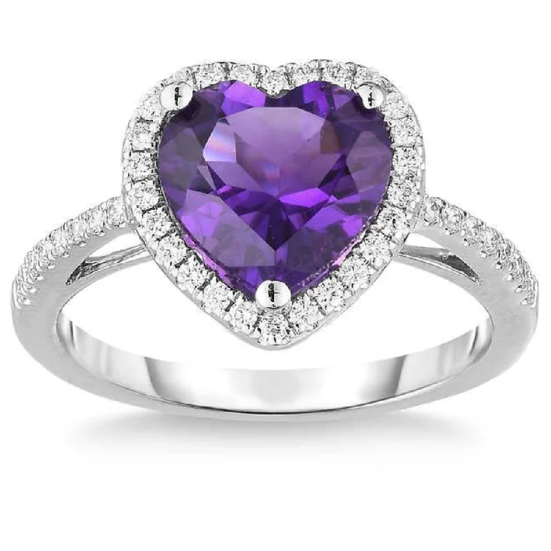 Women’s alternative engagement rings-8mm Heart Amethyst & Diamond Ring in 14k White Gold