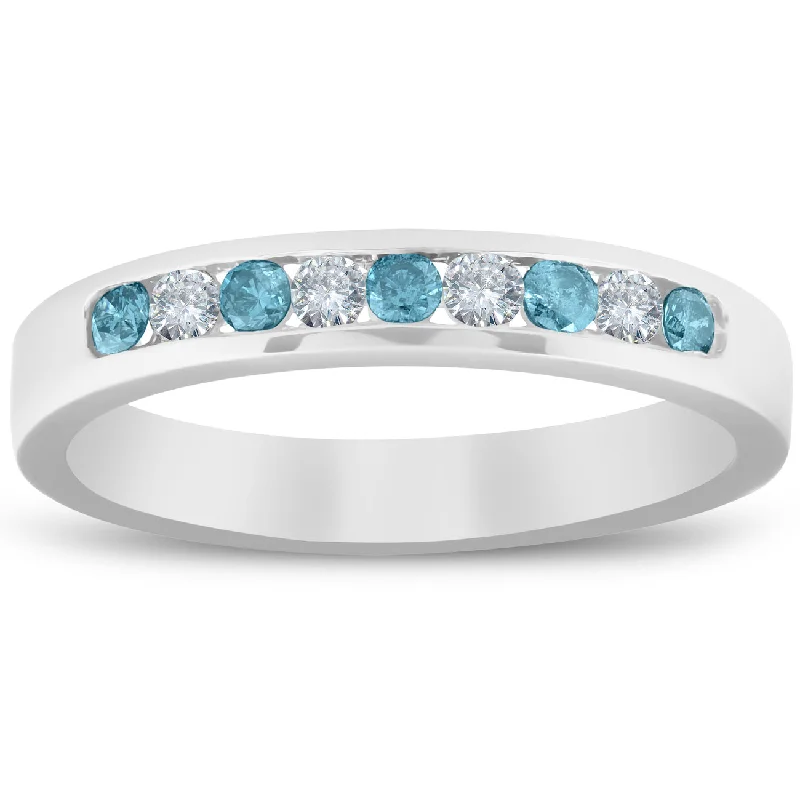 Women’s double halo engagement rings-1/4ct Blue & White Diamond Wedding Ring 14K White Gold