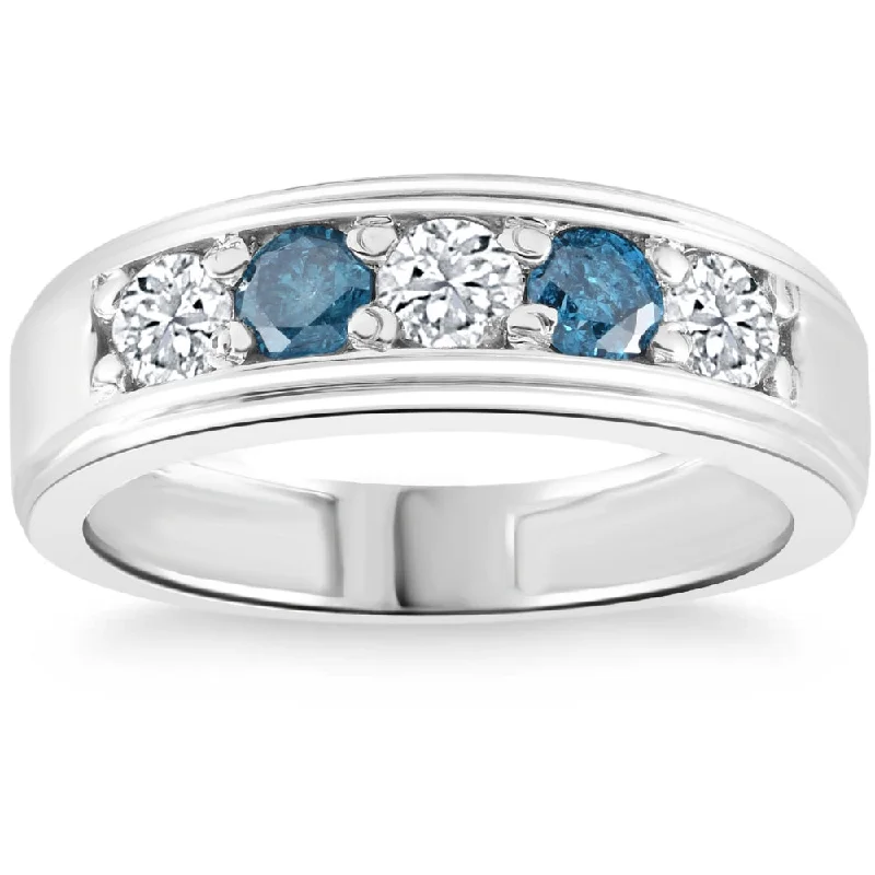 Women’s gold solitaire engagement rings-1 Ct T.W. Blue & White Diamond Mens Wedding Ring 5-Stone Anniversary White Gold