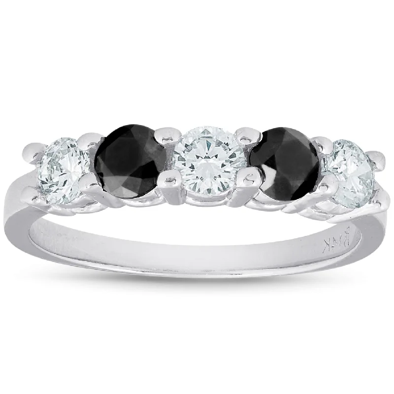 Women’s engagement rings with side stones-1 carat Treated Black & White Five Stone Diamond Ring 14K White Gold