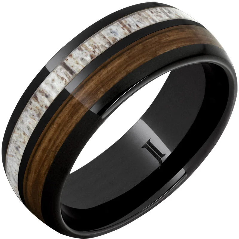 Women’s custom engraved rings-Barrel Aged™ Black Diamond Ceramic™ Ring with Bourbon Barrel Wood and Antler Inlays