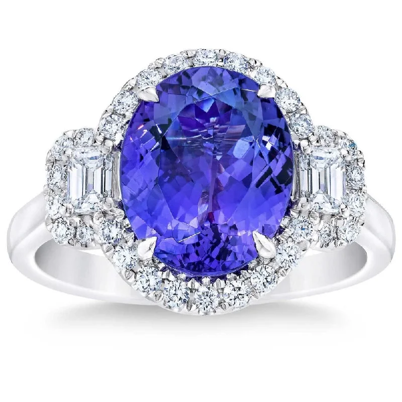 Women’s engagement rings with diamond accents-5Ct Oval Simulated Tanzanite Moissanite & Lab Grown Diamond Ring 10k White Gold