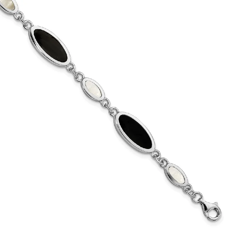 Women’s crystal bracelets-Sterling Silver Onyx and Mother of Pearl Bracelet-WBC-QG2398-7