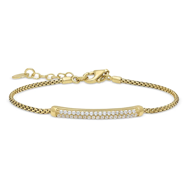 Women’s custom bracelets-Gold Finish Sterling Silver Micropave Bracelet with Two Rows of Simulated Diamonds - 7"-8" Adjustable Rounded Box Chain