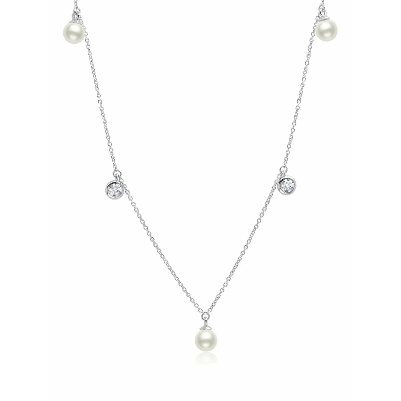 Women’s multi-strand necklaces-CRISLU Genuine Pearl 5 drop Necklace accented with Bezel Set  Cubic Zirconia In Pure Platinum