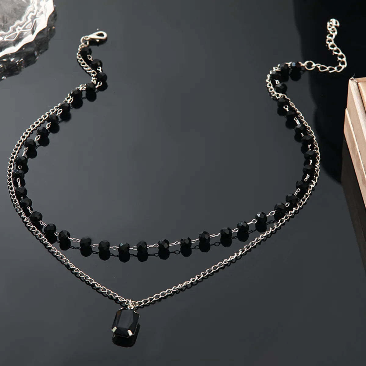 Women’s long chain necklaces-Simple Style Rectangle Glass Bead Iron Beaded Plating Inlay Acrylic White Gold Plated Women's Double Layer Necklaces