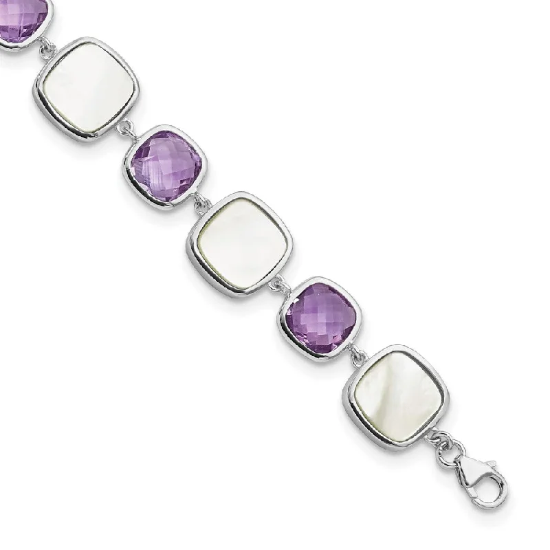 Women’s gold charm bracelets-Sterling Silver Rhod-plated 23.81Amethyst/MOP w/2 in ext. Bracelet-WBC-QG6225AM-7.5