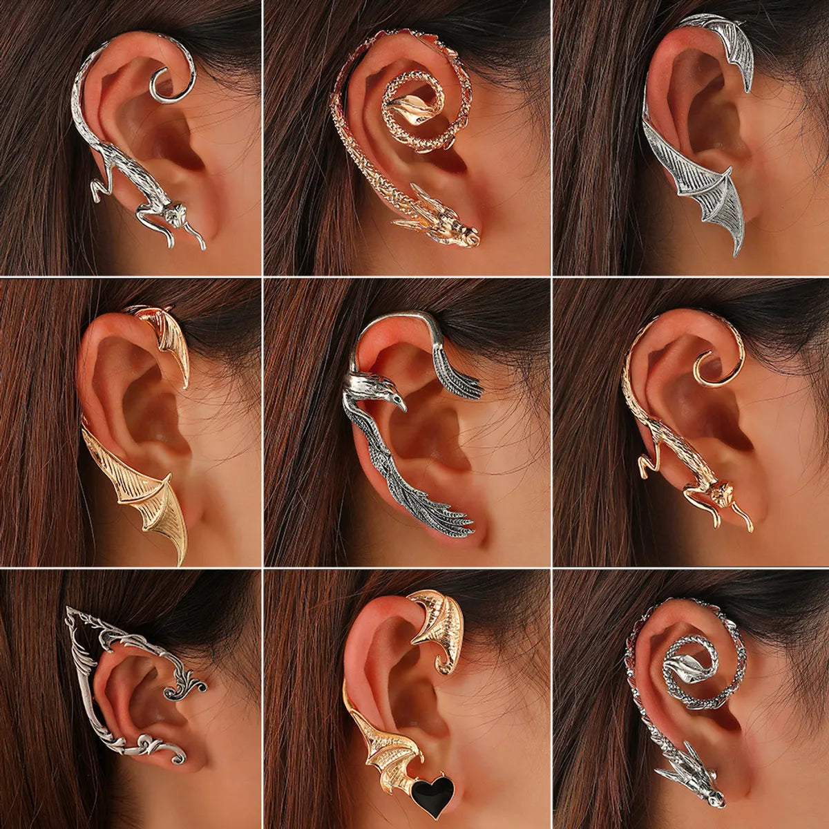 Women’s modern rings-Retro Punk Elf Flying Dragon Ear Hanging Creative Cat Bat Ear Bone Clip Single