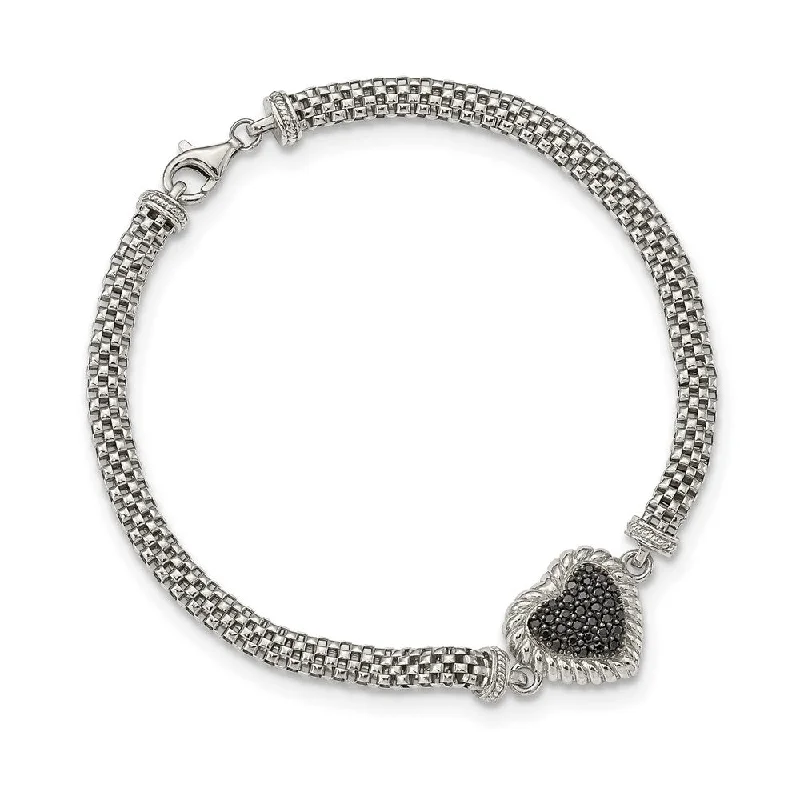 Women’s diamond tennis bracelets-Sterling Silver Black Sapphire Heart Mesh Link Bracelet-WBC-QG5378-7.5