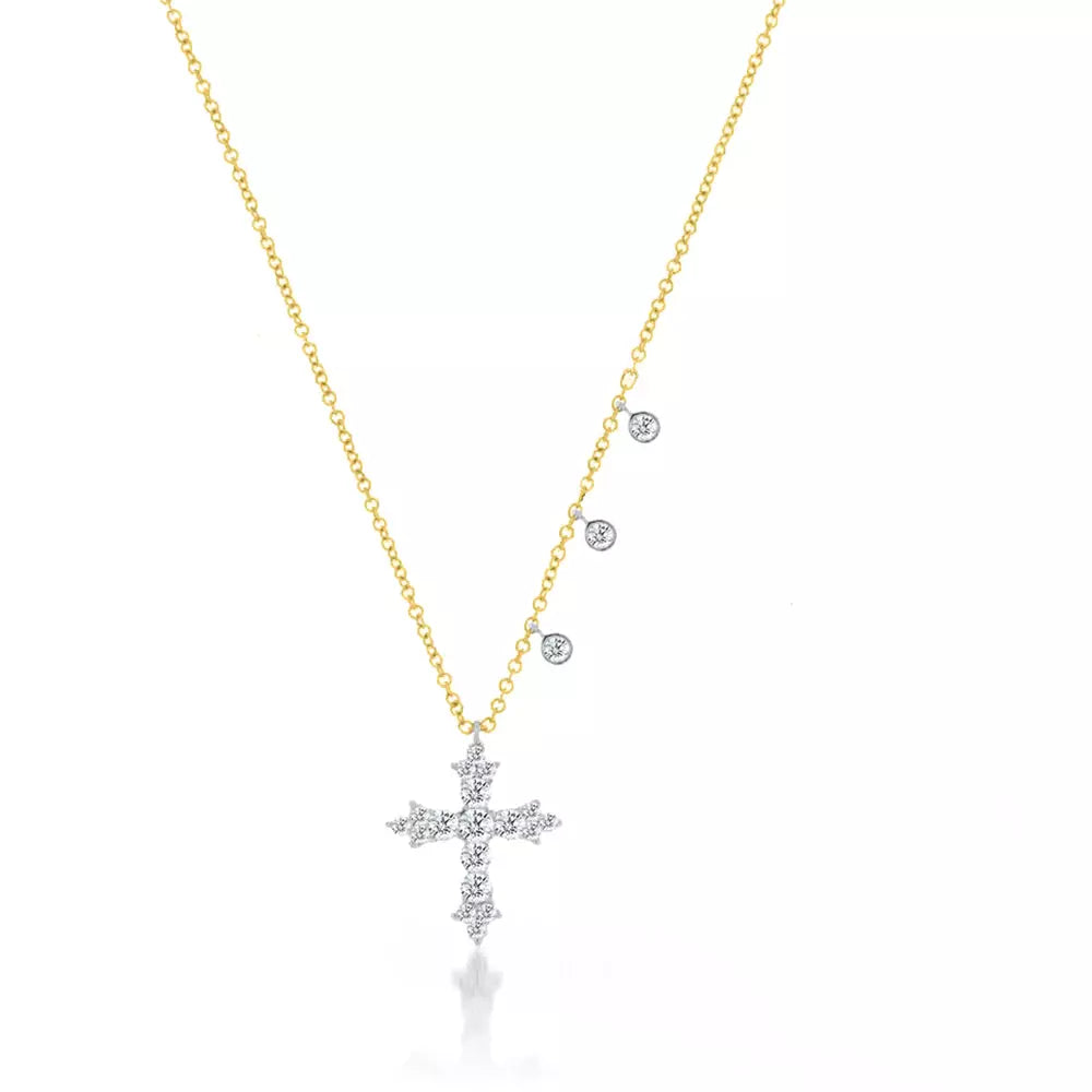 Women’s engraved silver necklaces-Meira T Yellow Gold and Diamond Cross with Off Centered Charms