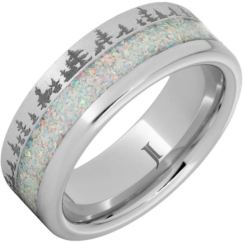 Women’s wedding ring sets-Serinium® Ring with Crushed Opal Inlay, Pine Forest Engraving and Stone Finish